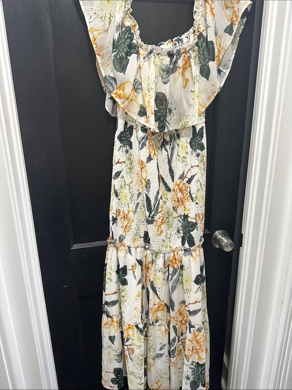 Simplee Apparel White Maxi Dress with Green and Orange Floral Print